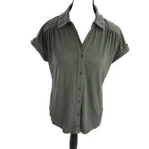 Adrienne Vittadini Womens S Green White Polka Dot Short Sleeve Button Up Blouse